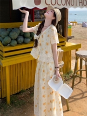 法式蕾丝拼接绣花套装女2026夏新款时尚洋气少女感V领上衣阔腿裤，女装套装/套裙，水衣源