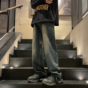 复古蓝牛仔裤男装大码加绒直筒oversize美式加肥加大日系阔腿裤子图片