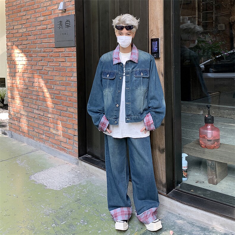 男格子小众复古水洗牛仔套装宽松夹克外套阔腿裤两件套TZ32-P110，男装休闲套装，星座308B-1
