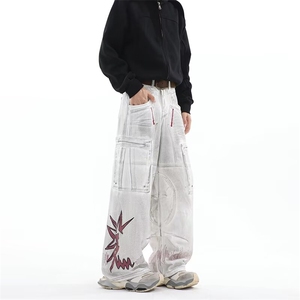 大码美式设计感亚文化多口袋工装裤子女2025新款脏染印花阔腿长裤图片