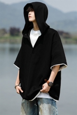 8XL-M假两件短袖卫衣连帽t恤男夏季薄款宽松大码学生半袖DT007P48，男装T恤，电商B312