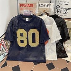 美式街头80镂空网眼橄榄球服短袖男女款数字印花设计感宽松T袖潮，男装T恤，星座601-1