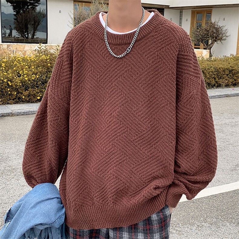 秋冬休闲大码美拉德菱格圆领毛衣男ins宽松毛线衫针织衫MY105-P40,男装针织衫/毛衣,电商A001