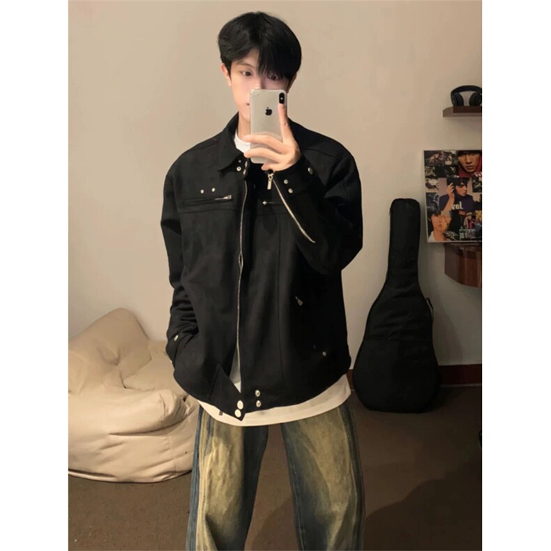 网图有货黑色鹿皮绒外套短款夹克男J8221-P85，男装夹克，星座1505