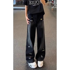 宽松卡通刺绣弯刀牛仔裤男女美式复古水洗阔腿休闲裤气质 NG958图片