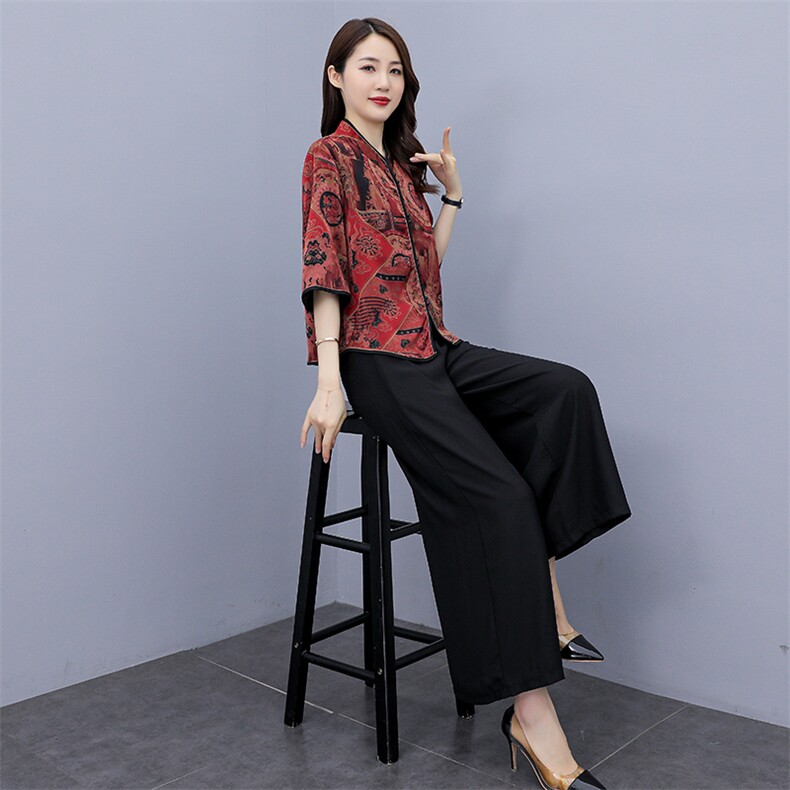 时尚套装2024夏装新款复古印花上衣阔腿裤宽松休闲舒适两件套装,女装套装/套裙,华秀衣