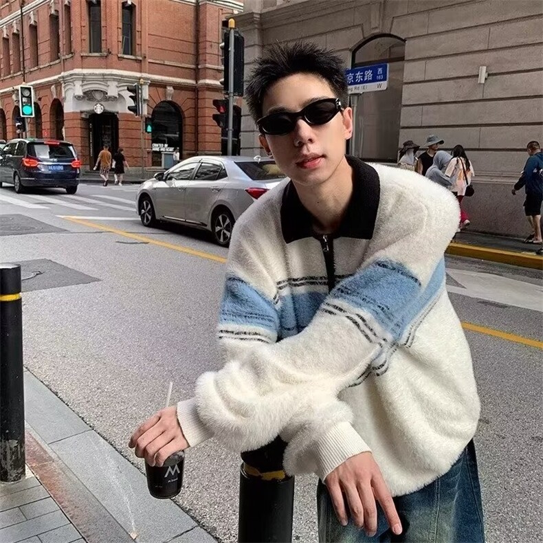 G42美式复古潮牌条纹翻领毛衣男女半拉链polo领情侣针织衫上衣图片
