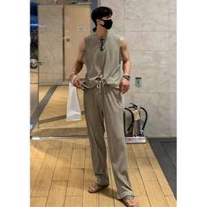 夏季男士背心长裤肌肉男健身训练冰丝无袖T恤吸汗休闲套装 TS52图片