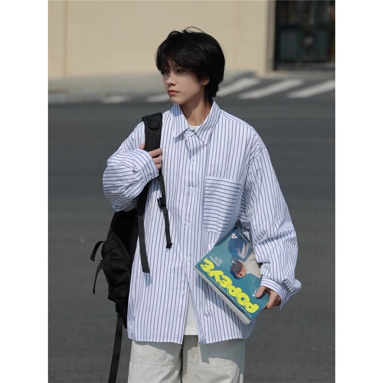 杭州现货时尚竖条纹廓形宽松白衬衫ins男休闲经典款复古百搭衬,男装衬衫,星座218-1（原230）
