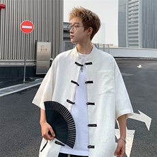 2026夏新款潮男新中式碎花盘扣短袖五分袖衬衫CS380/特P35白色5，男装衬衫，电商A094
