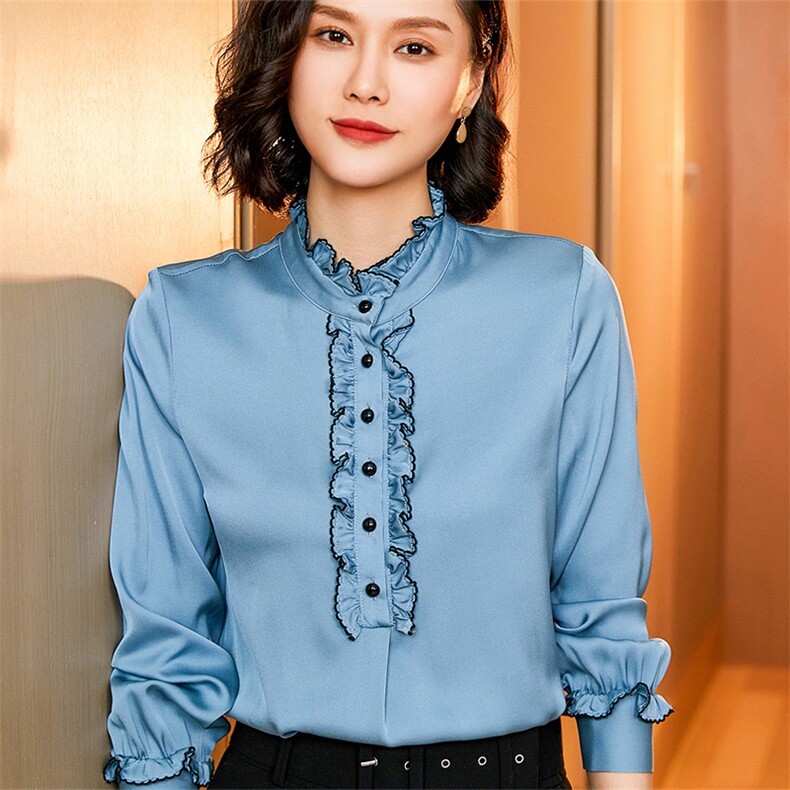 时尚都市优雅真丝衬衫木耳边设计展现女性魅力,女装衬衫,宋氏羊绒