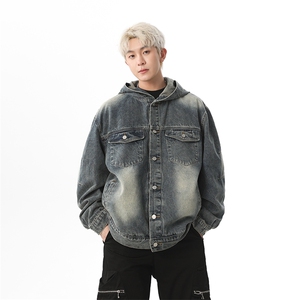 美式复古水洗做旧解析拉链连帽牛仔外套男宽松痞帅夹克JK1177-P88图片