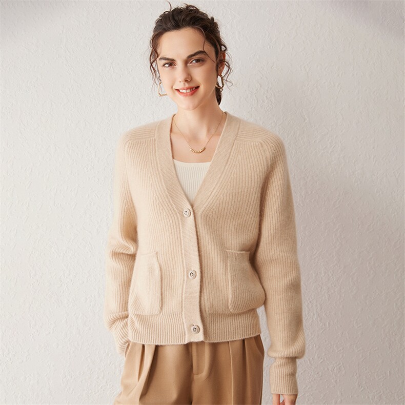 2025春秋新款羊绒衫女100山羊绒V领气质上衣显瘦简约针织开衫，女装羊绒衫，戎叶云台