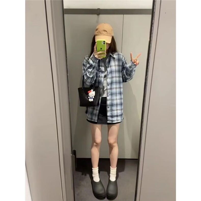 2025早秋新款小清新纯棉格子衬衫女韩版长袖宽松学生上衣春秋外套,男装衬衫,星座506A