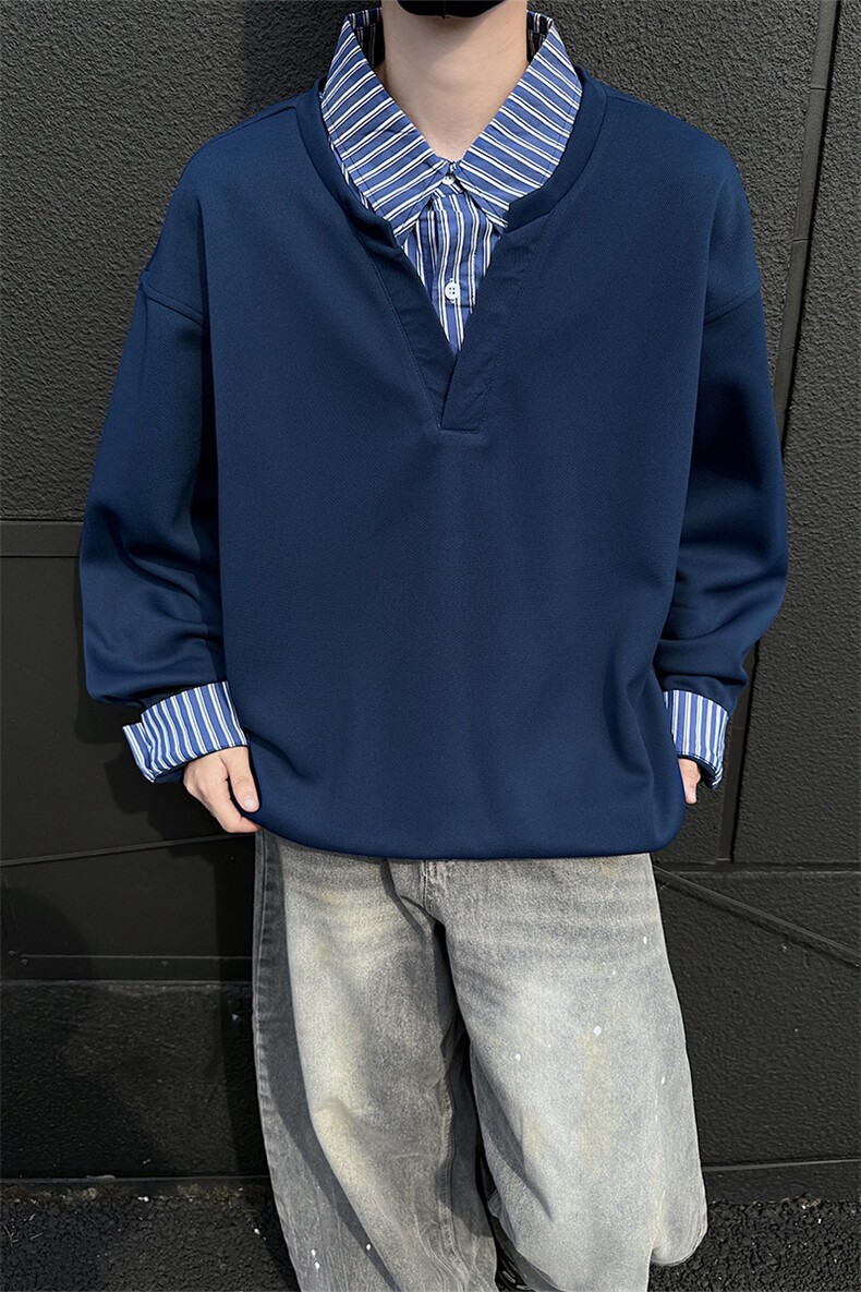 黑墙假两件拼接翻领大码卫衣男秋季潮牌宽松情侣A436-2231-P50,男装卫衣,电商A436