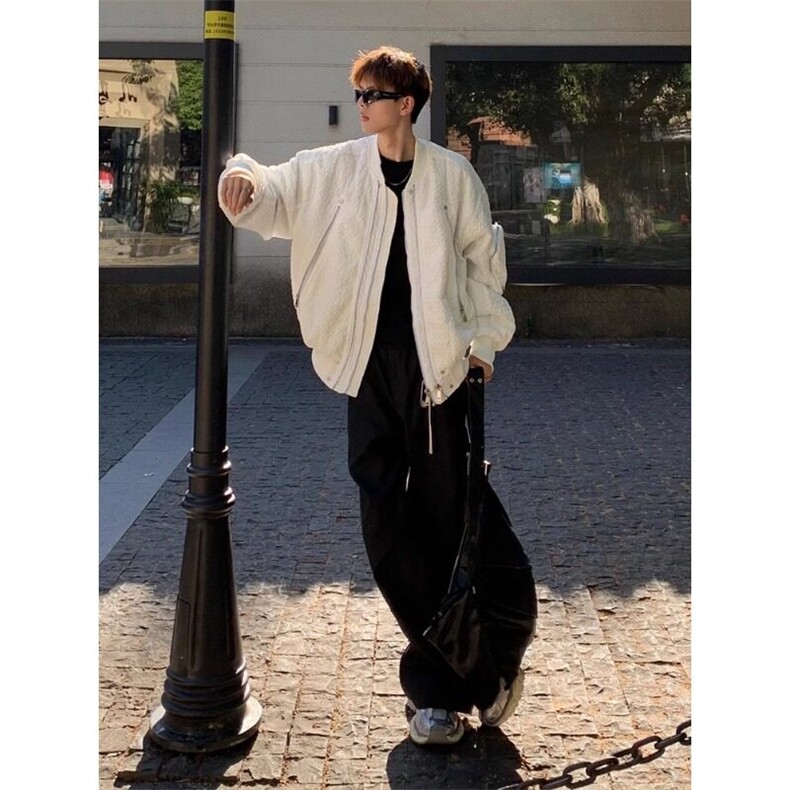 【有货】白色双拉链立领棉衣外套褶皱棒球服棉服MY5014特P103,男装棉衣,星座908-1