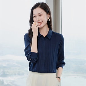 高端纯色真丝衬衫女长袖2026年春装翻领通勤职业OL真丝上衣衬衣图片