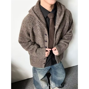 韩灰色连帽毛衣男松弛慵懒风秋冬针织开衫外套潮MZ856-P77图片