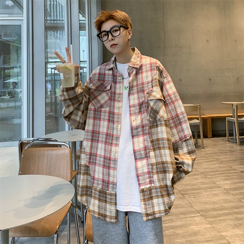 美式潮牌撞色格子拼接设计感衬衫男春秋宽松百搭长袖衬衣MC13-p52,男装衬衫,星座1008