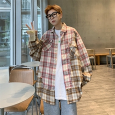 美式潮牌撞色格子拼接设计感衬衫男春秋宽松百搭长袖衬衣MC13-p52，男装衬衫，星座1008