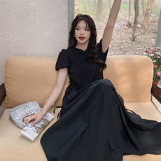 黑色超长及踝拼接连衣裙女长裙2024夏季新款修身显瘦高级感a字裙，女装连衣裙，浙宝203