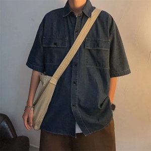 夏季ins潮牌牛仔短袖衬衫男潮流高街情侣设计感小众衬衣CS881-p42图片
