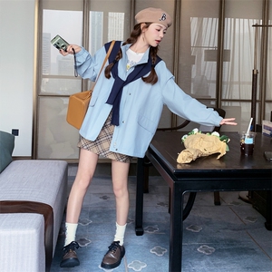 高级小众韩系慵懒chic蓝色外套女春秋超火好看独特漂亮短夹克上衣图片