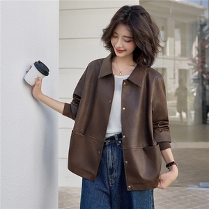 复古咖色翻领皮衣短外套女2025秋季新款宽松休闲洋气百搭夹克上衣图片