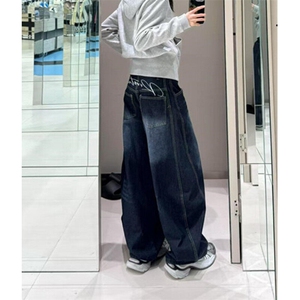 休闲秋季深蓝色弯刀牛仔裤男女宽松阔腿裤子常规气质简约 N6015图片