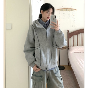 抖音得物高品质秋冬美式高街重磅结构辑明线纹理连帽卫衣外套W111图片