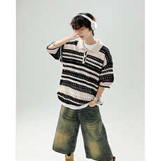 8XL-M特大码美式复古条纹撞色针织POLO衫翻领休闲短袖TDX311P35，男装T恤，电商D206-1