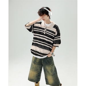 8XL-M 特大码美式复古条纹撞色针织POLO衫翻领休闲短袖TDX311P35图片