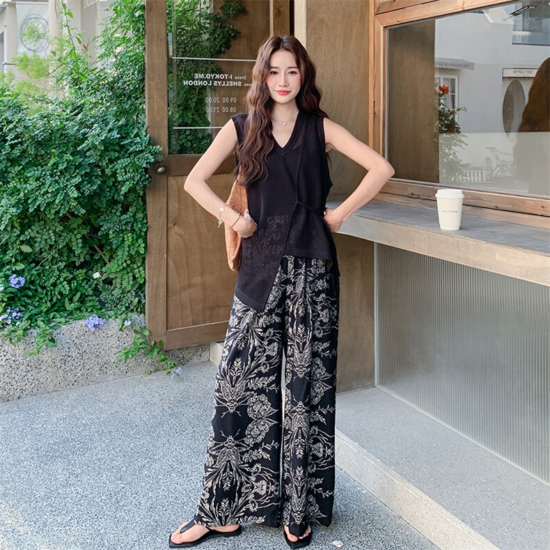 黑色不规则无袖背心套装女2025夏季新款复古印花高腰阔腿裤两件套,女装套装/套裙,2C277
