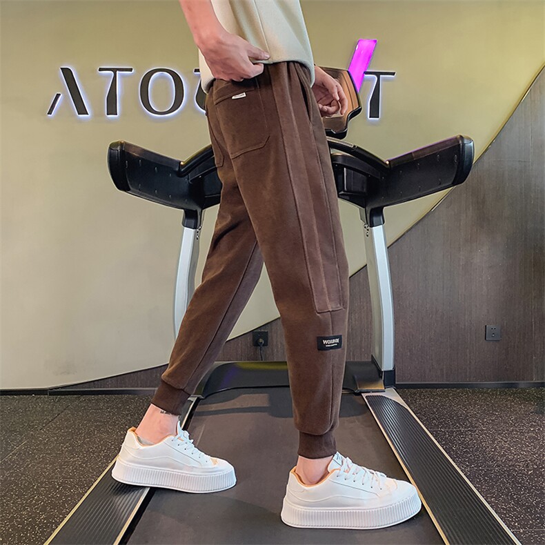 咖色休闲裤男秋冬加厚款松紧腰束脚哈伦裤纯色休闲长裤K25-P60,男装休闲裤,电商D323（原B261）