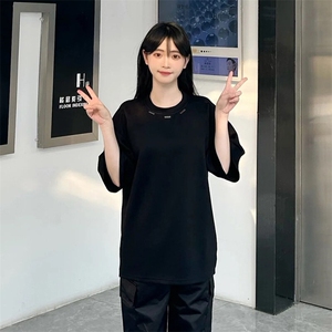 抖音得物品质二开240克宽松纯棉美式高街痞帅潮牌金属装饰短袖T恤