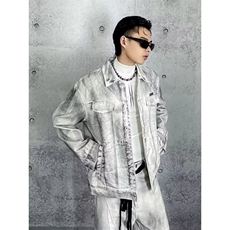 J9838-P87美式高街做旧废土风喷砂涂鸦脏洗牛仔外套，男装工装外套，星座617A-2