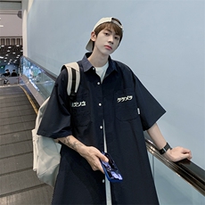 港风工装潮牌ins宽松夏季日系衬衣短袖纯色衬衫男W3354-P30，男装衬衫，星座512-2