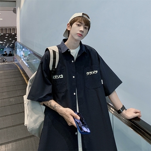 港风工装潮牌ins宽松夏季日系衬衣短袖纯色衬衫男 W3354-P30图片