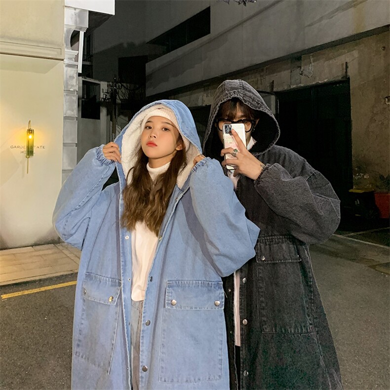 港风冬季加绒羊羔毛牛仔棉衣中长款连帽棉服情侣风衣MY98,男装棉衣,电商D202
