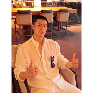 重磅棉麻长袖衬衫男2024新款潮牌痞帅宽松大码慵懒风防晒衬衣外套图片