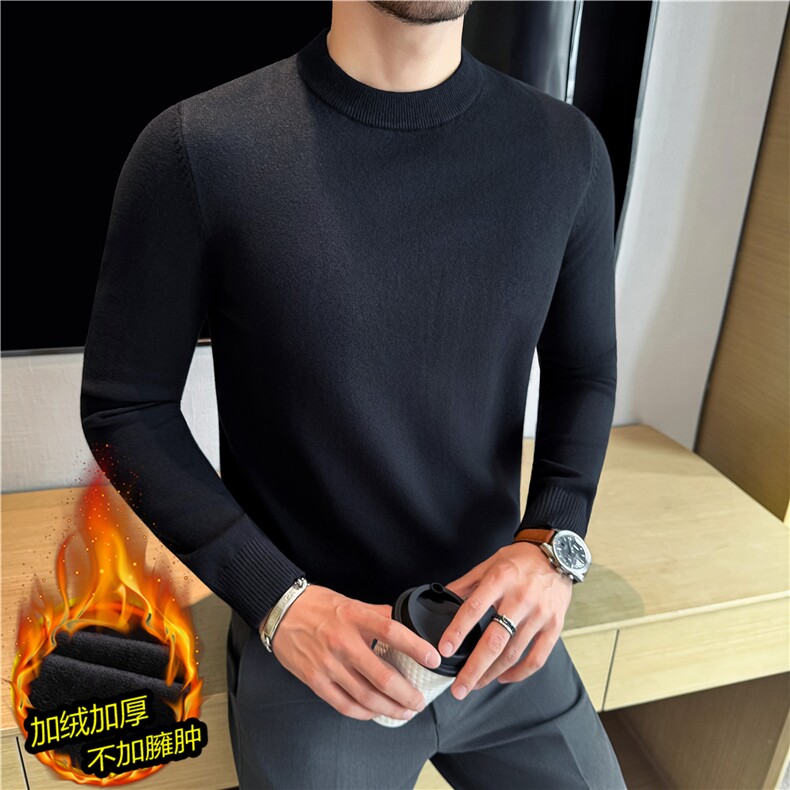 高品质加绒加厚保暖一体绒圆领打底毛衣修身针织衫黑色JR2112-P63，男装T恤，电商A213
