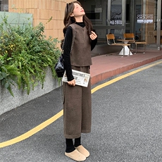 2026年春季法式时尚潮流舒适洋气带高级感磨毛棉质感马甲三件套裤，女装套装/套裙，心心服饰