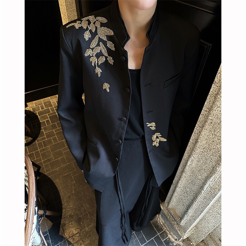 现货！25重工珠片刺绣男士金叶片礼服设计款新中式西服XZ125-P178,男装西服,电商B288