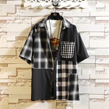 夏季短袖格子拼接休闲男衬衫外套大码日系商务风男TX1908-P40，男装衬衫，电商A128