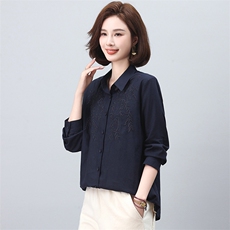亚麻长袖衬衫女2024年春秋新款大码宽松中年妈妈薄款休闲刺绣衬衣，女装衬衫，独衣靓