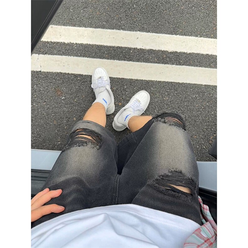 潮流复古港风牛仔短裤水洗做旧男女同款破洞牛仔裤K780TP35控58,男装牛仔裤,电商A102B