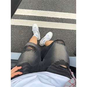 潮流复古港风牛仔短裤水洗做旧男女同款破洞牛仔裤K780TP35控58图片