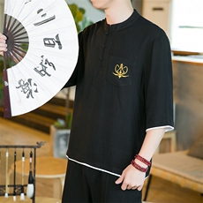 夏季男风刺绣宽松大码盘扣潮亚短袖T恤唐装潮流百搭夏装，男装T恤，电商A011（原4039）