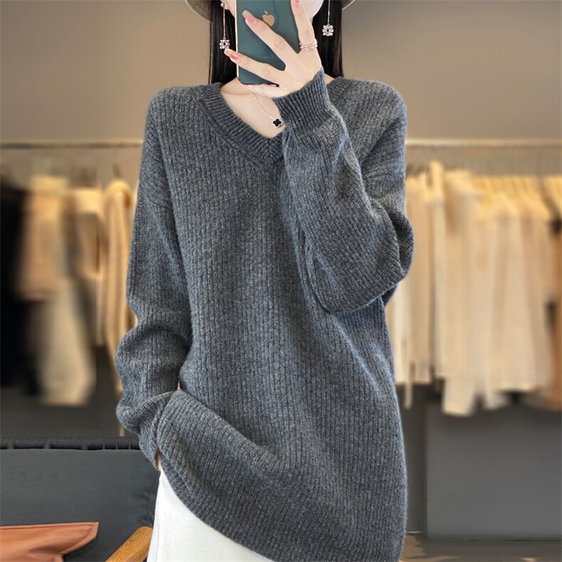 秋冬纯色V领长袖针织衫女韩版宽松时尚百搭上衣内搭毛衣,女装羊毛衫,忠诺羊绒