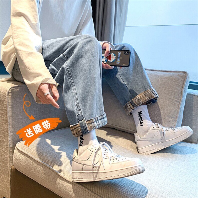 特批P42无差价春季港风牛仔裤阔腿裤脚可调节拼接宽松九分裤K2168图片